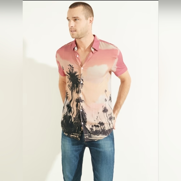 GUESS Men's Eco Rayon Hawaiian Shirt – Tropical Print Button-Down For Vacation Or Casual Wear - View #8